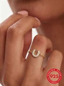 1pc S925 Sterling Silver Full Rhinestone Horseshoe Pull Chain Adjustable Ring, Luxury Personalized Elegant Niche Exquisite Fashion Cool High-End Versatile Ins Geometric U-Shaped Index Finger Link Ring, Japanese Party Gift - U-shaped - View 6