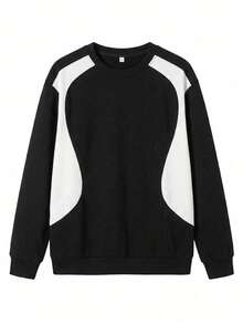 Sweatshirt Wanita Model Longgar Minimalis Warna Blok Patchwork Kasual Serbaguna untuk Musim Gugur/Dingin Terbaru - Hitam - View 6