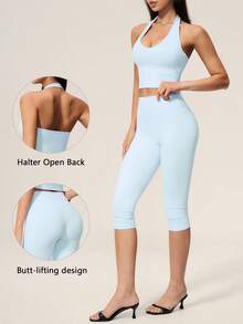TimeOff Women's One Set Solid Color Halter V-Neck Cropped Tank Top And High Waist Mid-Length Pants Sports Set - Blue - View 1