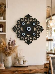 1pc Bohemian Style Evil Eye Wall Decor, Room Decoration, Turkish Blue Eye Wall Hanging, Mysterious Evil Eye Decorative Pendant, Vintage Carved Hollow Pattern Wall Decor - Evil Eye - View 2
