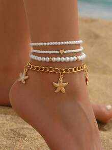 4pcs/Set Starfish Pendant Seed Bead Anklet Simple Faux Pearl Beaded Multi-Layer Foot Jewelry - White - View 6
