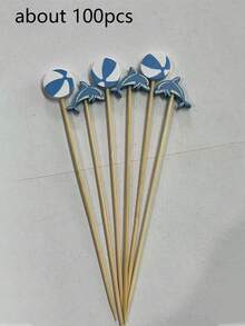 100pcs Blue Dolphin And Beach Ball Cocktail Picks, Bamboo Appetizer Picks, Fruit Picks, Dessert Sticks, Cupcake Decor Picks, Suitable For Ocean Theme Birthday, Summer Pool Party, Beach Party, Hawaiian Luau Party, Table Decoration - Dolphin Beach Ball Bamboo Sticks - View 13