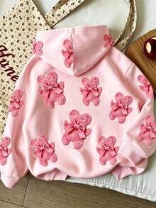 Tween Girl Cartoon Print Warm Hooded Sweatshirt - Pink - View 2