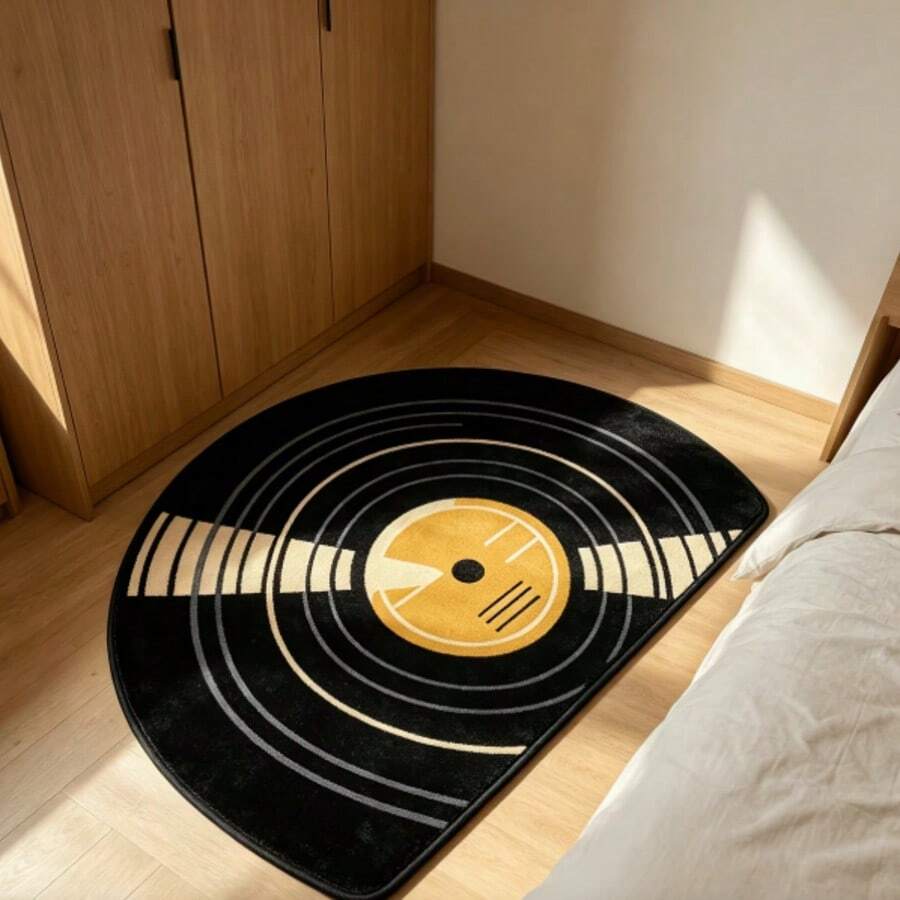 1pc Black Vinyl Record Half Moon Rug, Bedroom Decor, Small Rug, Carpet, Home Decor, Living Room Rug, Living Room Small Rug, Bedroom Rug, Living Room Home Decor, Outdoor Rug, Washable Rug - Multicolor - View 1