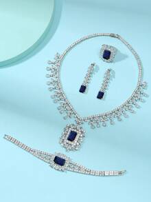 1 Set 4pcs Luxury Rectangular Full Cubic Zirconia Necklace, Earrings, Ring, Bracelet Women's Jewelry Set For Wedding, Evening Party, Dress Accessories - Square - View 11