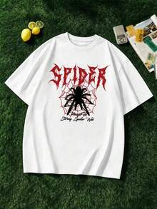 Men's Streetwear Style T-Shirt With Spider Print, Made Of Soft, Relaxed Fit, Casual, Comfortable, And Featuring A Striking Print. - White - View 7