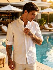 Men's Stand Collar Rolled Sleeve Linen White Shirt, Casual Vacation Pool Bar Resort Top - White - View 1