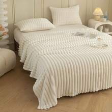 Valentine's Day Decoration Gift 1pc Blanket Comfortable Retro Style Faux Rabbit Fur Blanket - Plush, Warm Choice For Sofa And Chair, Striped Pattern, Machine Washable, Polyester Blend, Comfortable All Seasons, Chair & Bed Cover | Soft Blanket | Polyester Blend, Rabbit Accessory - White - View 6