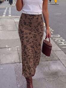 Women's Elegant Slim Fit Floral Print Vacation Maxi Skirt - Brown - View 6