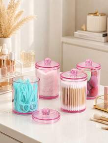 1/2/3/4 PCS Pink Acrylic Bathroom Organizer Set With Lids, Clear Vanity Storage Containers For Cotton Swabs, Cotton Pads, Makeup Brushes, Beauty Sponges, Cosmetic Counter Organizer, Makeup Desk Accessories - Multicolor - View 4