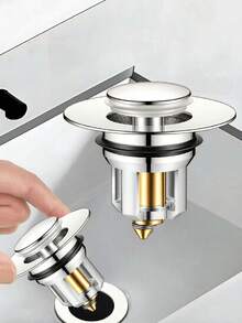 Universal Bathroom Sink Pop-Up Drain Plug, Stainless Steel Push-Type Converter, Rust-Proof Sink Faucet Leak-Proof Plug, Drain Plug And Filter 2-In-1, Black - A - View 3