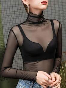 Plus Size Spring/Summer New Black Sheer Mesh Base Layer Top, High Neck Slim Fit Flattering Sun Protection Cover-Up Cover Up Casual - Black - View 2