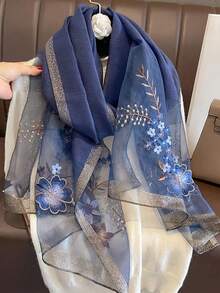 1件海軍藍新款時尚手工刺繡長披肩圍巾，女性用高端防曬裝飾頭巾，適合長輩，春/夏 - 藍色 - 查看 1