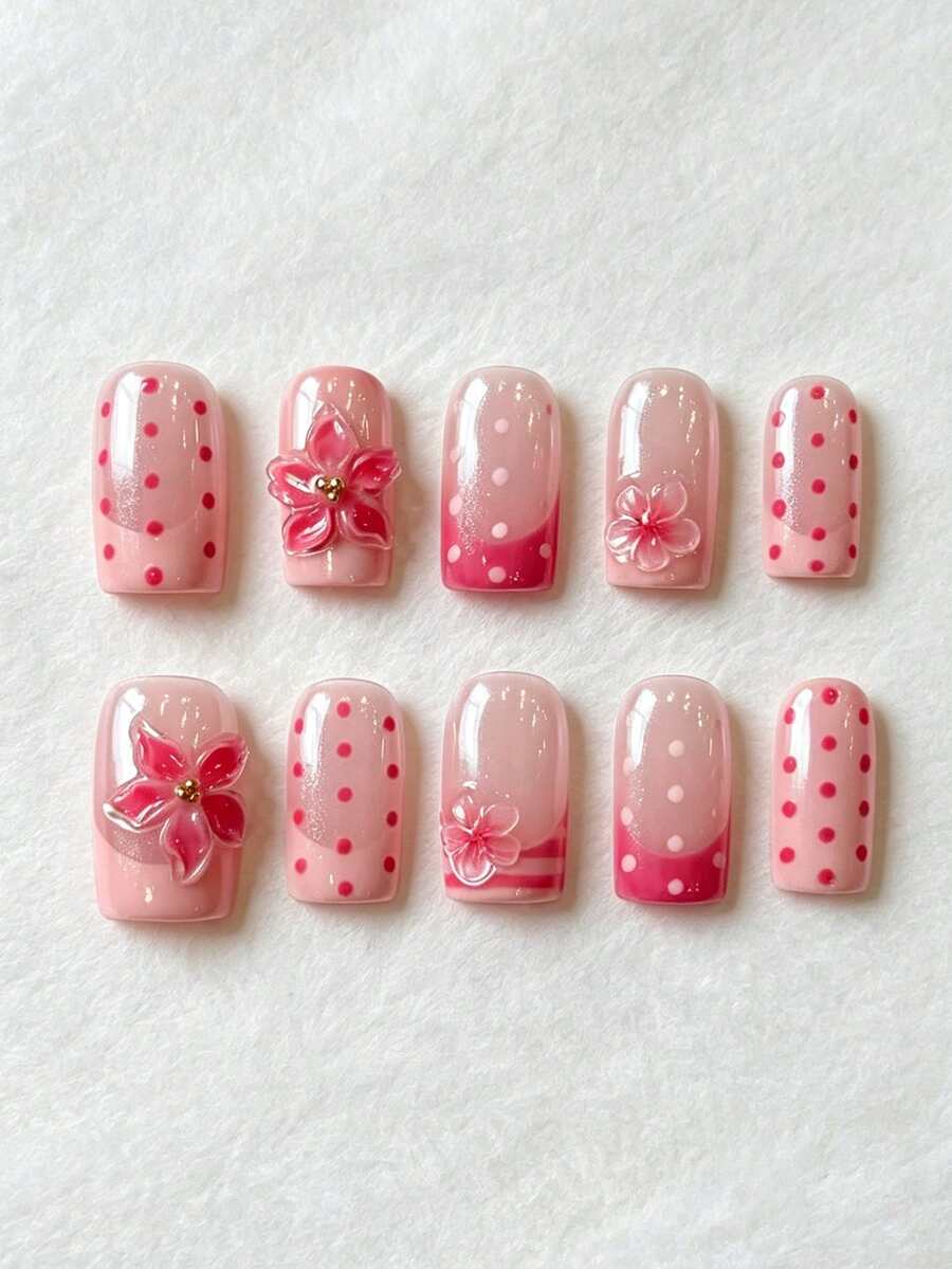 10pcs Gradient Pink Polka Dot Press-On Nails, Short Square Handmade Reusable Full Coverage Fake Nails With 3D Transparent Pink Flower & Gold Bead Decor, Ins Sweet Cute Style For Girls' Daily Manicure, Vacation, Date, Spring/Summer Nail Art - Pink - View 1