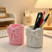 1pc Girl Style Bowknot 3-Compartment Makeup Brush Storage Box, Cream Color Desktop Cosmetic Organizer, Pen Holder, Portable Design, High Aesthetic, Unique Birthday Gift Idea For Girlfriend - Multicolor - View 6