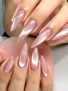 Capture Exclusive Beauty! 10pcs Long Pointed Minimalist Elegant Sparkling Light Pink Cat Eye Glossy Press-On Nails, Fresh Gentle Nude Pink Crystal Cat Eye Design Pointed Nail Tips, Includes 1 Sheet Jelly Glue And 1 Nail File (Jelly Glue Randomly Shipped), Suitable For Women And Girls For DIY Design, Can Be Used For Daily, Party, Date And Other Occasions - Pink - View 1