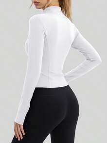 NcmRyu Women's 1pc Metal Zipper Small Stand Collar Thumb Hole Long Sleeve Slim Fit Sports Jacket - White - View 3