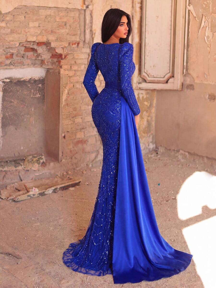 Faeriesty Luxury Sequin Embroidered Floor-Length Evening Gown Wedding Dress Party Fall