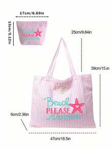 Women's Summer Beach Travel Tote Bag Set - Vintage Striped Tote Bag With Matching Mini Bag - Large Canvas Pink And White Striped Shoulder Bag With Starfish And Letter Print, Foldable Canvas Shoulder Bag, Summer Essential Waterproof And Sand-Resistant Travel Bag, Perfect For Beach Trips, Pool Days, Shopping And Daily Use, Suitable For Women, Travelers And Beach Lovers, Ideal For Spring Break And Gifts, Teacher's Day, Birthday Gifts - Multicolor - View 7
