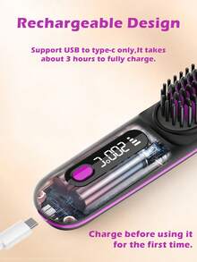 Cordless Hair Straightener Brush, Rapid Heating, Hot Comb Hair Straightener For Women, Lightweight, Type-C Charging Port, Anti-Scald, Lightweight, USB Rechargeable - Black - View 8