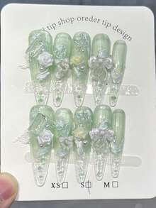 10片法式漸層綠色貓眼3D花朵波浪裝飾水鑽蝴蝶圖案Y2K時尚亮面全覆蓋假指甲，優雅綠色貓眼漸層色，精緻高端美甲配件，適合各種場合，附美甲貼紙，適合日常佩戴與約會，春季手工穿戴式假指甲 - 綠色 - 查看 12
