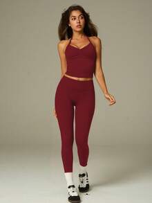 UONNOU 3-Piece Set Angola Red Halter Neck Shaping Tank Top + Waist-Cinched Butt-Lifting Tight Shorts + Long Pants, Cycling Yoga Fitness Casual Sports - Red - View 10