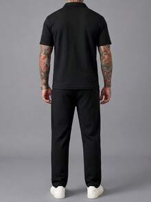 GRDR Textured Men's Casual Daily Minimalist Solid Color Drawstring Short Sleeve & Long Pants 2-Piece Set - Black - View 7