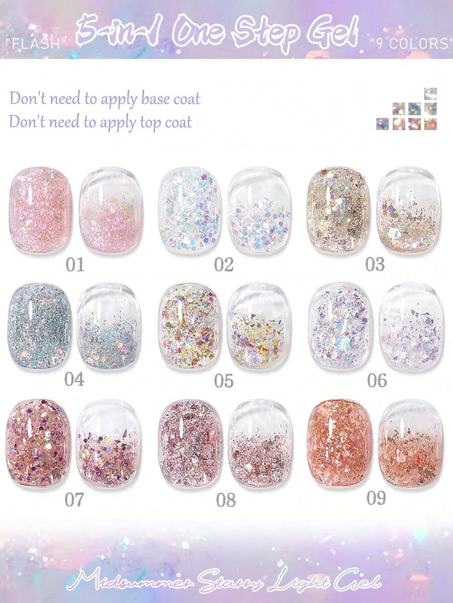 MISS SHAKA 10ml 5-In-1 One-Step Summer Nail Gel Polish, Powder Blue Gold Glitter Sequin, 2026 Super Shiny Galaxy White Fine Glitter, All-Season Popular Color Gel Nail Art Mini Set Series Nail Supplies