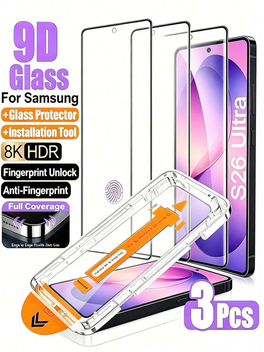 NNBILI 3pcs Galaxy S Series High Definition Tempered Glass Screen Protector, Supports Fingerprint Unlock, Comes With Auto-Cleaning And Auto-Alignment Tool, One-Click Installation, Compatible With Galaxy S26 Ultra/S26+/S26/S25 Ultra/S25+/S25/S24 Ultra/24 Plus/24/23/22/21, Full Screen Coverage, Anti-Fingerprint, Anti-Drop, Anti-Scratch, Bubble-Free, Phone Screen Protector, Phone Accessories, Compatible With Ph