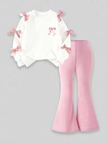Girls' Simple Fashion Pink Bow Cartoon Print White Top And Pink Pants Sports Set, Autumn/Winter - Pink - View 2