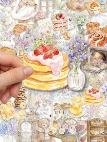 POKOJA LAND 50/100pcs Watercolor Warm Morning PET Stickers, Transparent Warm Color Breakfast Floral Animal Stickers, Rabbit Bear Duck Cat Bread Jam Flower Window Decal Set, Suitable For Planner, Phone Case, Laptop, Scrapbook Aesthetic Decoration - Multicolor - View 4