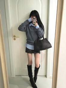YCYC Korean Chic Autumn New Minimalist Shirt Collar 2 In 1 Long Sleeve Knit Sweater - Grey - View 4