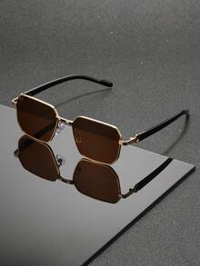 1pc Men's Luxury Gold Frame Square Metal Pure Black Lens, Decorative Ring Hinge, Suitable For Driving, Daily, Street, Travel, Outdoor Glasses - Multicolor - View 3