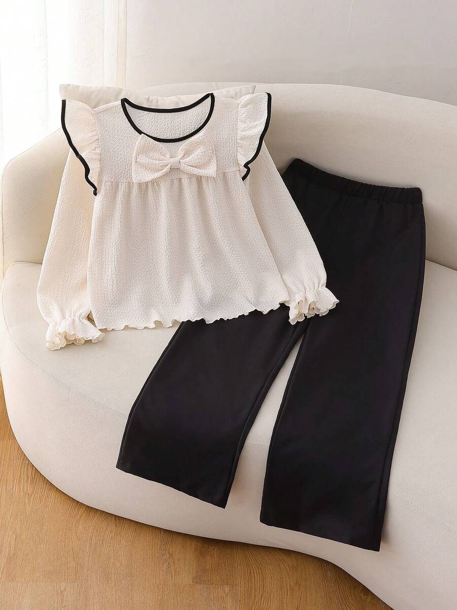 8 - 12 Years Old Girls Outfit, Contrast Color 3D Bow Ruffle Top Paired With Wide Leg Pants 2 Pieces Set, Spring/Autumn Preppy Style Casual Campus Wear - Multicolor - View 1