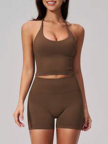 NcmRyu Women's One Set Solid Color Halter Neck Backless Tank Top Wide Ribbed High Waist Tight Shorts Sports Outfit - Brown - View 8
