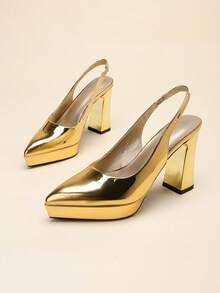 Women's Square Toe Gold Chunky Heel High Heels Thick Sole Back Strap Fashion Elegant Summer Autumn Shoes (Runs Half Size Large) - Gold - View 4