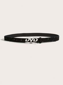 女款 Y2K 黑色星星亮片 PU 腰帶，DVD 字母銀色金屬扣寬腰帶，Grunge 街頭風時尚配件，適合搭配牛仔褲與洋裝 - 黑色DVD - 查看 2