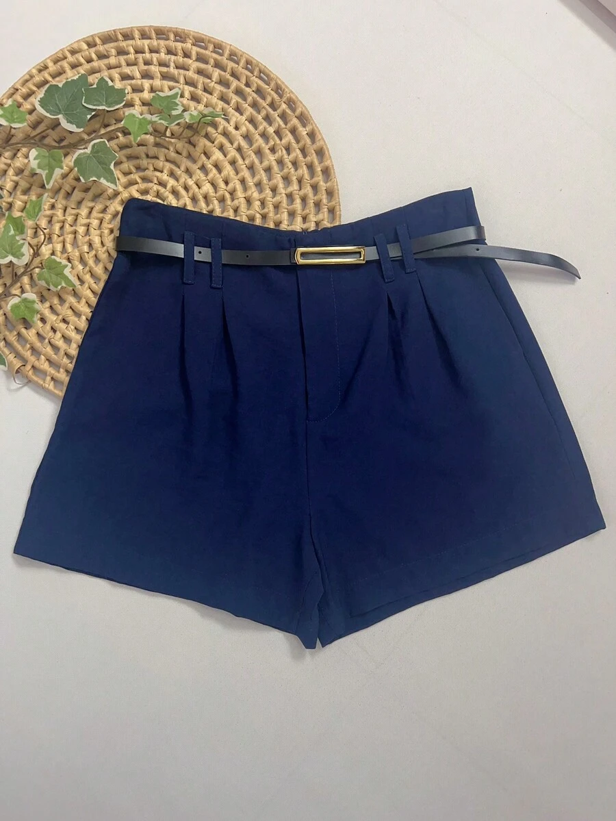 Shorts Marrant With Belt And Pocket, High Waist - 藏蓝色 - 查看 1