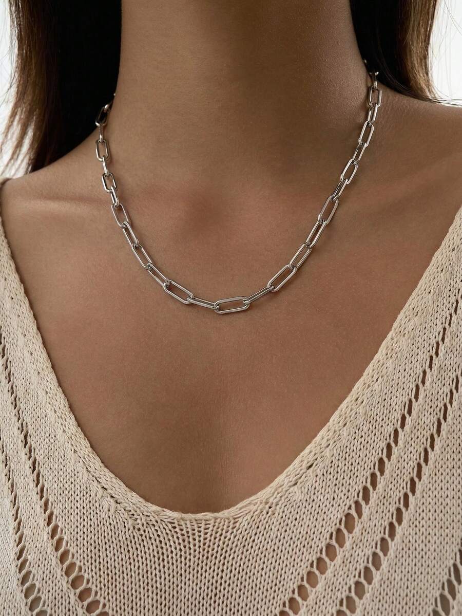 1pc Silver Hollow Chunky Chain Necklace - Silver - View 1