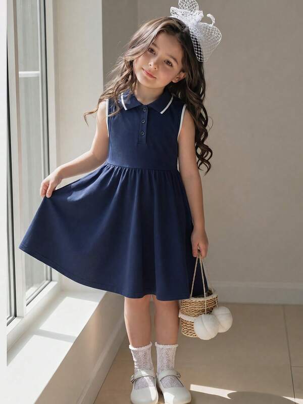1pc Girls Summer Minimalist New Sleeveless Polo Dress, Fresh Navy Blue Cute Versatile Long Dress