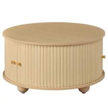 Round Coffee Table, Living Room Table, Vertical Relief Structure, Two Sliding Doors, MDF Frame, Metal Handles, Spherical Metal Feet, Four Separate Storage Compartments - 自然色 - 查看 9