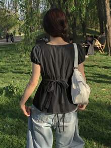 法式繫帶花瓣袖白色韓系設計短袖女款夏季小眾開襟衫寬鬆百搭上衣黑色 - 黑色 - 查看 3