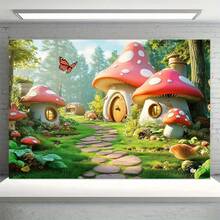 Magic Forest Fairy Tale Mushroom House Photography Backdrop, Multi-Functional Polyester Party Banner Suitable For All Seasons, Perfect For Garden And Room Decoration, No Electricity Required - Multicolor - View 6