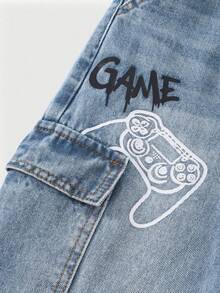Tween Boy Letter Print Cargo Denim Jeans, Summer Fashion New Style - Blue - View 5
