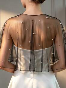 1 pezzo Sciarpa da sposa corta in tulle nero con perle finte e strass, coprispalle per abito da sposa, accessorio per viaggi, vacanze e feste serali - nero - Visualizzare 3