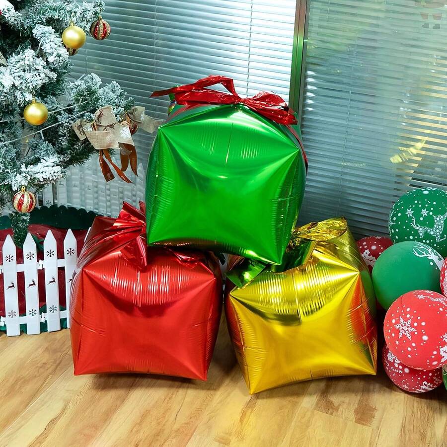 Random Color Christmas Gift Box Shaped Balloons Red Green Christmas Gift Box Balloons With Ribbons Suitable For Christmas Decoration - Multicolor - View 1