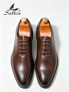 Salkin 經典復古設計師男士正式繫帶牛津皮鞋，適合現代生活的平價奢華，布洛克軟皮透氣尖頭正裝鞋，商務社交鞋，優雅紳士日常辦公派對婚禮新郎，適合情侶約會浪漫晚餐，節日禮物，返校季學生鞋，學院風，四季皆宜，請選擇大一號 - 棕色 - 查看 2