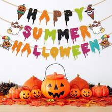 1 Set glänzendes Papier-Banner "Happy Summer Halloween" für Sommer-Halloween-Party-Dekoration, Halloween-Banner, Party-Banner-Dekoration - Übersicht 1