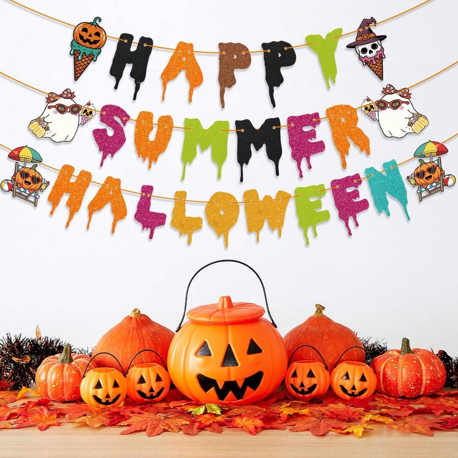 1 Set glänzendes Papier-Banner "Happy Summer Halloween" für Sommer-Halloween-Party-Dekoration, Halloween-Banner, Party-Banner-Dekoration - Übersicht 1