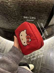 SANRIO 1pc Red Embroidered Hello Kitty Polka Dot Bow Decor Waterproof Nylon Large Capacity Zipper Cute Cartoon Girl Style Makeup Bag - Multicolor - View 11